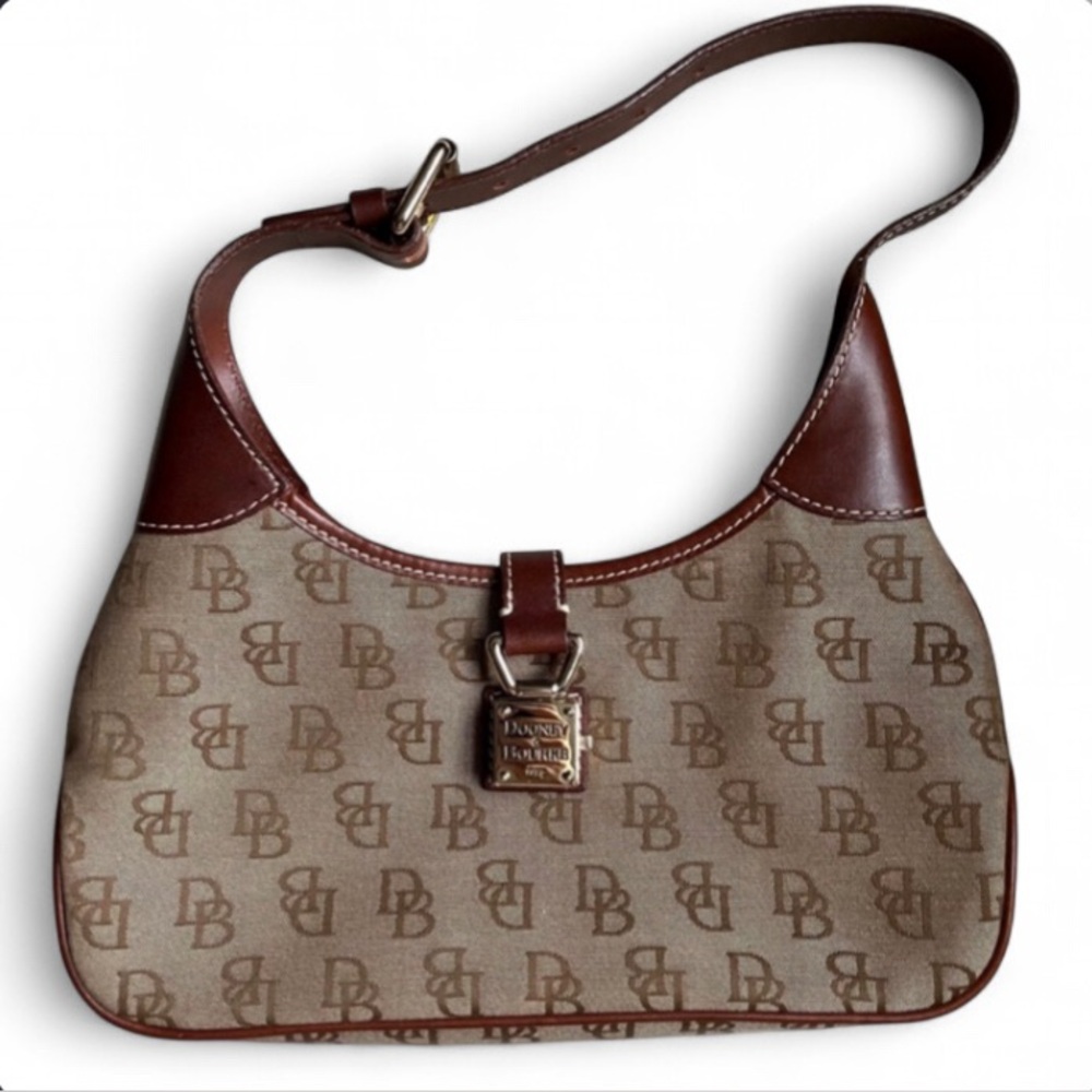 Dooney & Bourke Small Tan & Brown DB Monogram Logo Crescent Hobo